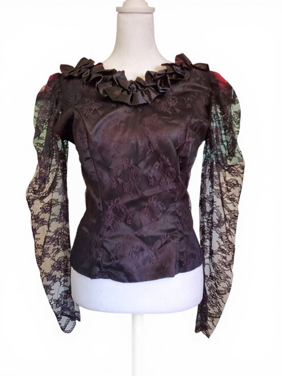 Vintage Tops - Vintage 80s Black Floral Lace Whimsigoth Long Sleeve Blouse Top Size Small